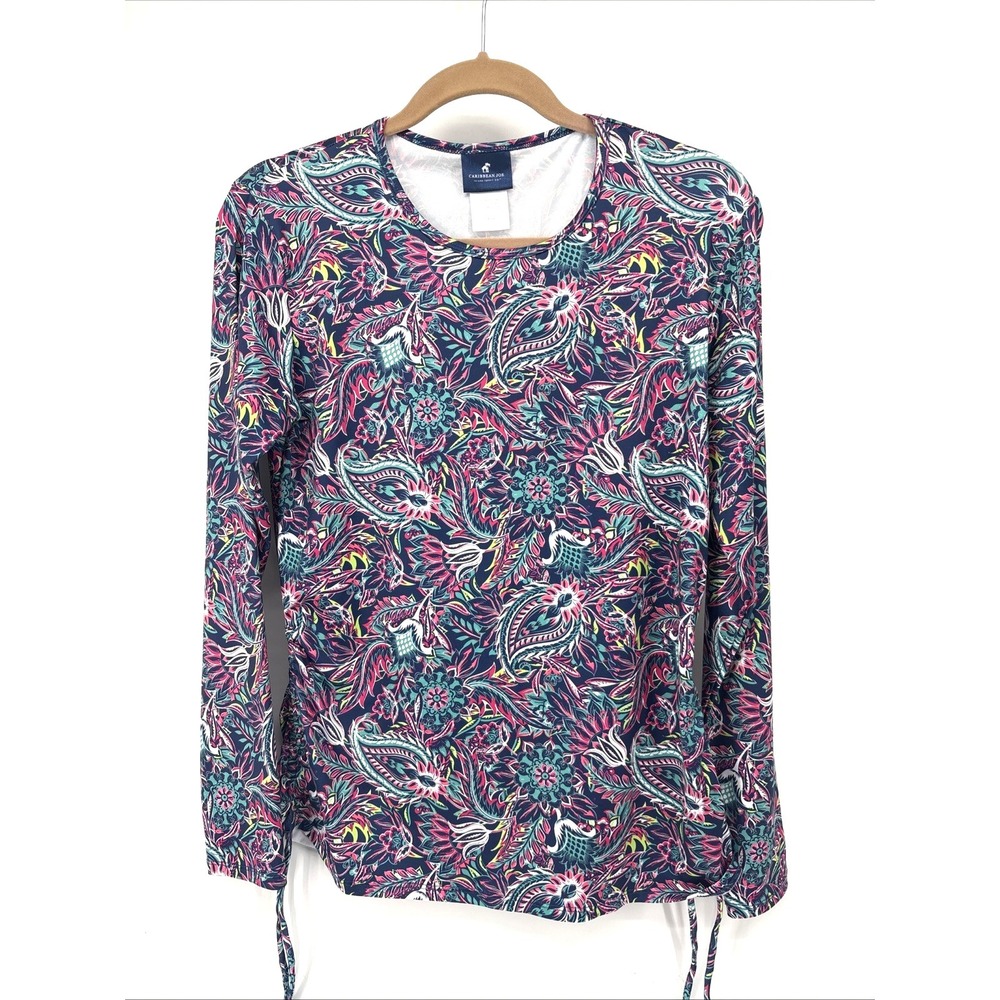 Caribbean Joe Rash Guard Women's Medium Blue Paisley Swim Shirt Ruched